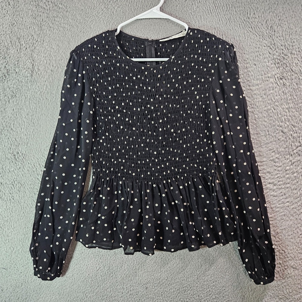 Zara Top Blouse Women Small Long Sleeve Elastic Fitted Polka Dot Black - Picture 1 of 9